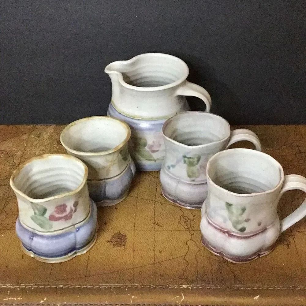 Drink, vintage pottery serving set 2 glasses 2 coffee cups and pitcher From Ben